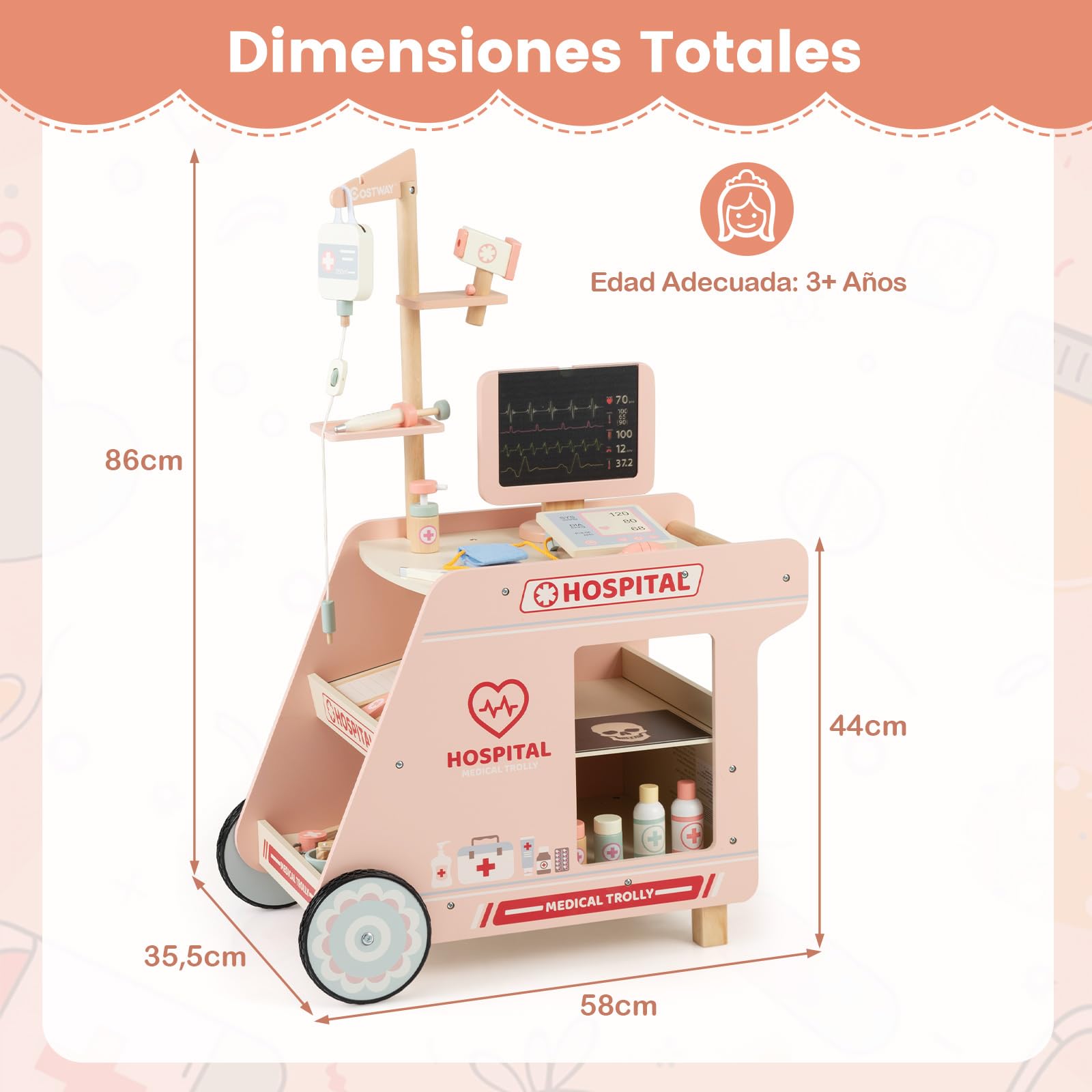 COSTWAY Juego de Médicos de Madera para Niños, Kit de Doctor de Juguete de Carrito con Máquina CT, Estetoscopio, Puesto Médico Centro de Actividades Móvil con Accesorios, para Niños de 3+ Años