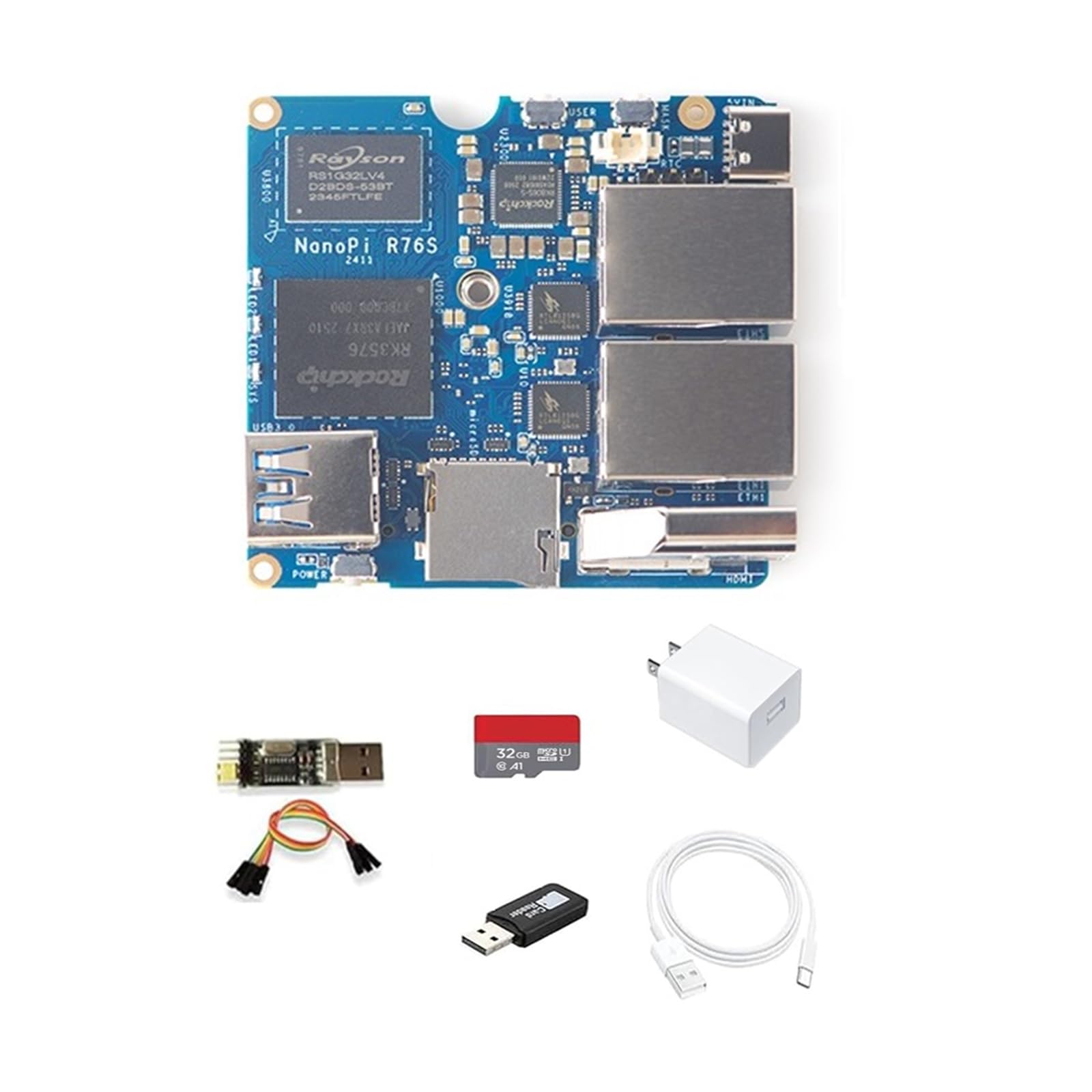 NanoPi R76S Mini Router, RK3576 Octa-Core SoC with AI Model, LPDDR5 16GB RAM 32GB eMMC, 6TOPS NPU,Dual 2.5G Ethernet, Support M.2 Wi-Fi Module (None M.2 WiFi, LPDDR4X 4GB, TF Card Kit)