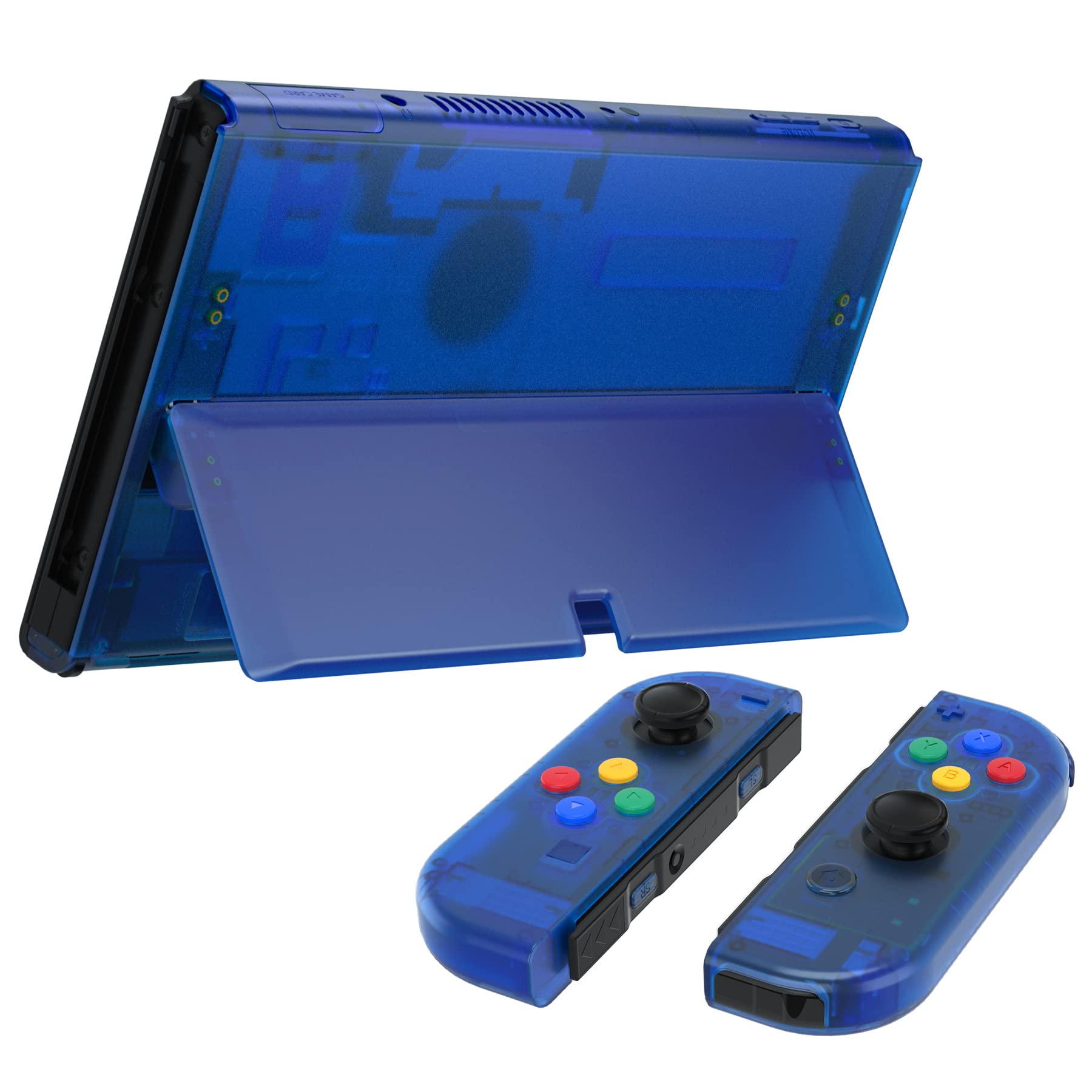 eXtremeRate Full Hülle für Nintendo Switch OLED, DIY-Ersatz Konsole case & Kickstand, NS Joycon Gehäuse & Tasten Set, Skin Abdeckung Zubehör für Switch OLED Console Joy Con -Transparent Blau