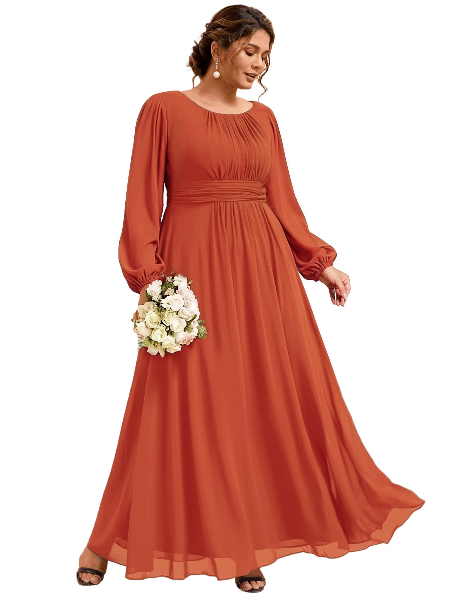 Ever-Pretty Elegant Long Sleeve Plus Size Formal Dresses for Curvy Women A-Line Chiffon Bridesmaid Mother of Bride Dress