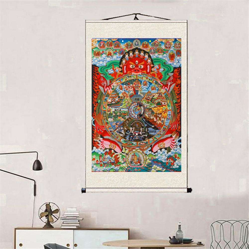 Malarstwo przewijania, malarstwo buddyjskie Thangka, brokat Thangka, mitologia historia reinkarnacji życia i śmierci Jedwabny rysunek przewijania dekoracyjne obrazy-Khaki (kolor: khaki) (kolor: mleczn