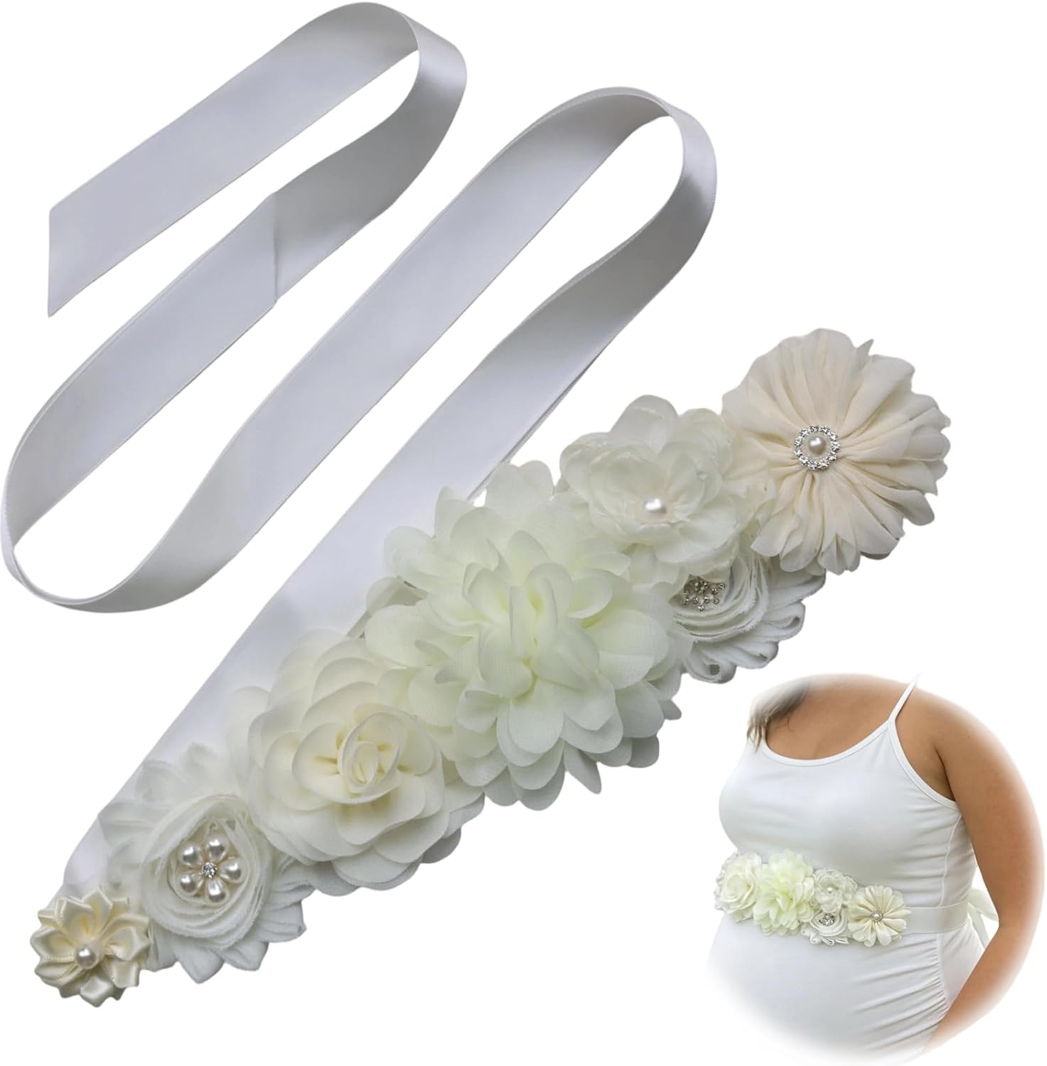Floral Rhinestone Pearl Maternity Sash Belt, Mom To Be Sash for Baby Shower Gender Reveal & Maternity Photoshoot