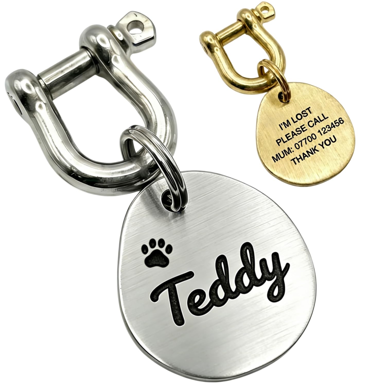 Deep Engraved Pet ID Tag - Custom Solid Brass Waterproof Dog Tag Cat Tag Double-Sided Personalized ID Plate, Rust-Proof Brushed Metal, with Secure Shackle Clasp, for All Pets & Keychains