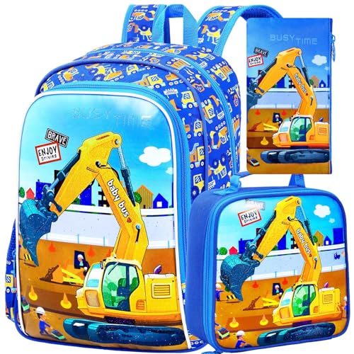 Image of 3Pcs Kids Backpack for Boys, 16 inch Excavator Bookbag Set for Elementary Preschool Kindergarten, School Backpacks with Lunch Box(Blue)