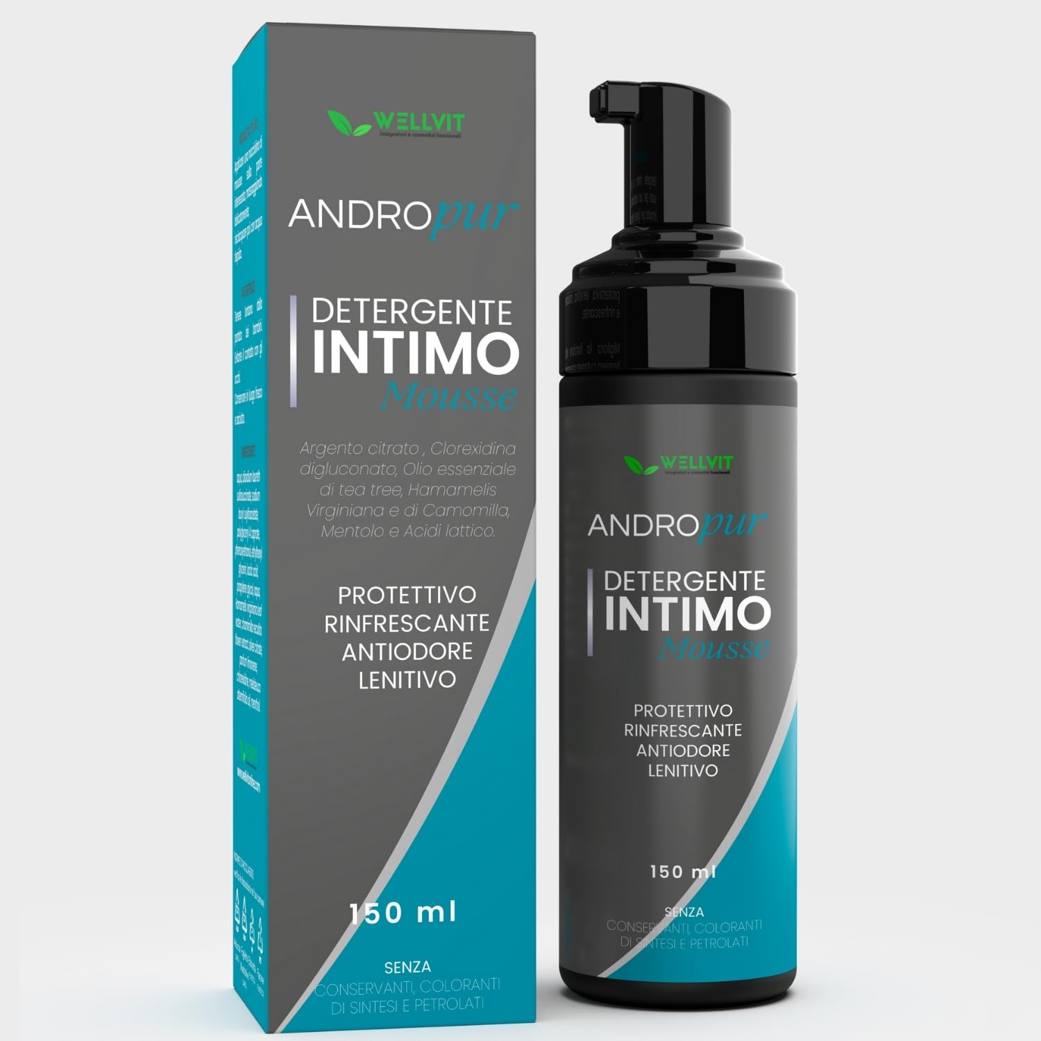 ANDROPUR - Pregiato Sapone Intimo Uomo a pH Neutro in Rinfrescante Schiuma Mousse, Detergente Igiene Intima Uomo Antibatterico Protettivo, Ingredienti Naturali e Antiodore, Made in Italy(150ml)