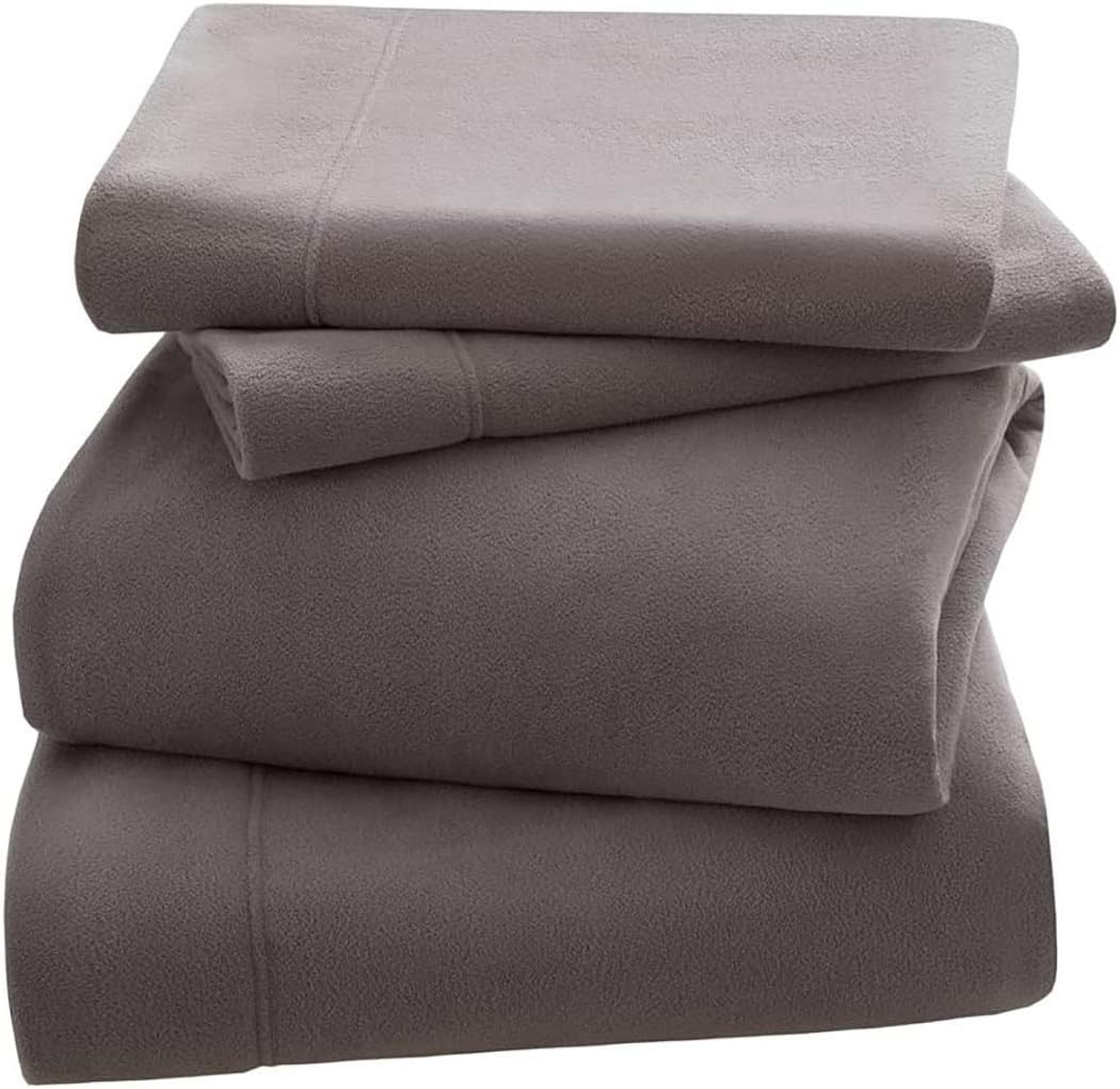 Peak Performance 3M Scotchgard Micro Fleece Bed Sheet Set Wrinkle and Stain Resistant, Soft Plush Sheets with 14" Deep Pocket, Cold Season Cozy Bedding-Set, Matching Pillow Case, Twin, Grey, 3 Piece