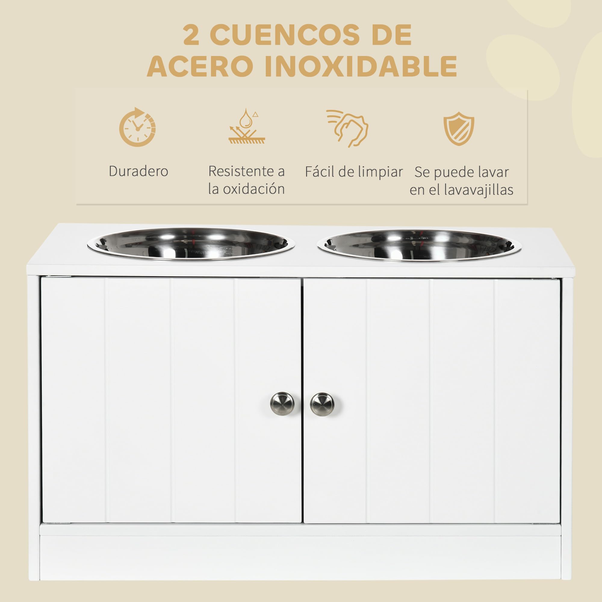 PawHut Comedero Perro Elevado con 2 Cuencos de Acero Inoxidable 2x2000 ml Comedero Elevado para Perros Grandes con 2 Puertas y Almacenamiento Oculto Blanco