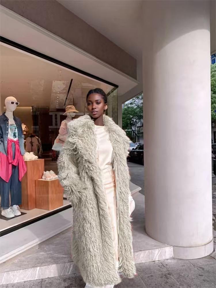 Shaggy Fluffy Faux Fur Coat Beige Color Sweater, Long Sleeve Full Length Jacket, Women's Fashion Outwear - Image 3