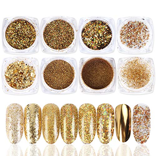 Gold Nail Art Sequins Glitter Kits, KISSBUTY 8 Boxes Nail Art Sequins Nails Powder Metallic Shining Flakes Nail Glitter Set for Nails Art Decoration Body Face Hair Glitters