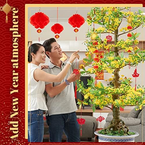 26 Pcs Chinese New Year Decorations Set Includes New Year Couplets Chunlian, Red Envelope, Fu Window Decal, Red Lanterns,red Hanging Ornament, Fu Character Ornament with Bag for Spring Festival Party