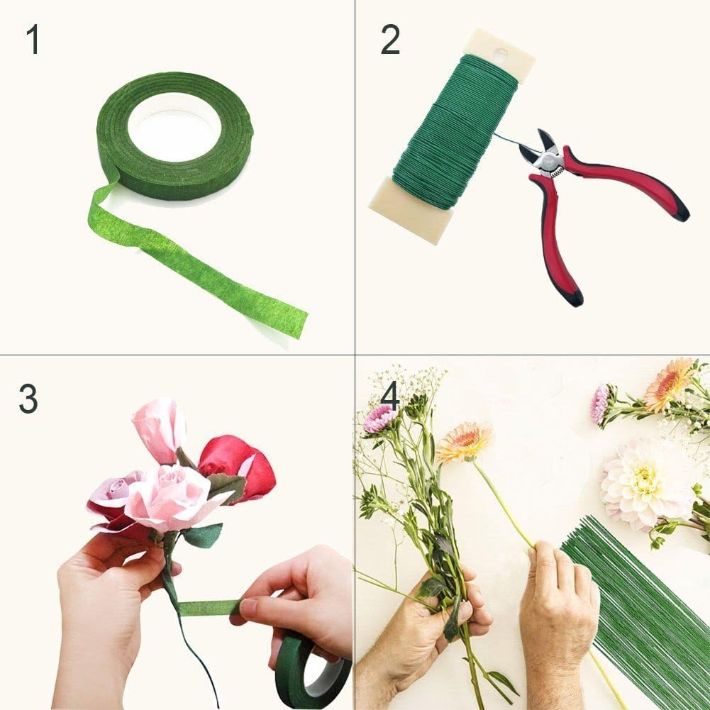 Woohome Floral Stem Arrangement Tools Kit with Wire Cutter Green Floral Tapes 26 Gauge Green and Dark Brown and White Floral Stem Wire and 22 Gauge Paddle Wire for Bouquet Stem Wrap Florist - Image 5