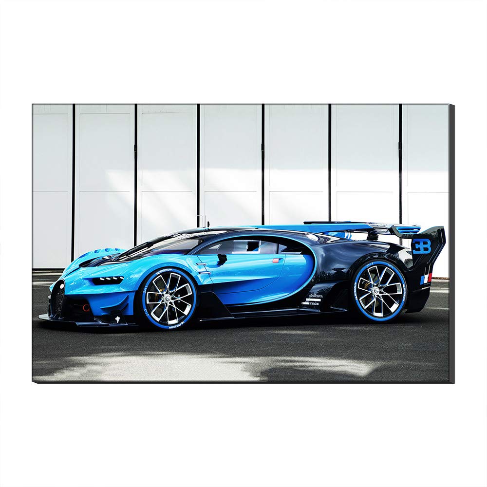 Peinture sur toile Bugatti voiture de sport bleue 70x100 cm pour décoration murale