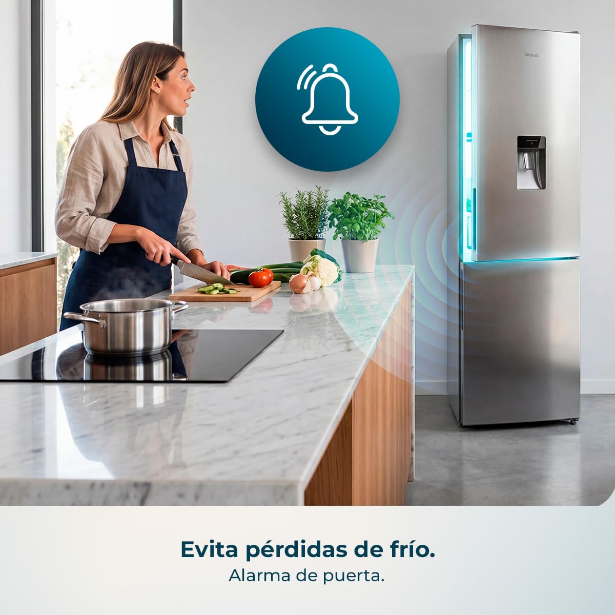 Cecotec Frigorífico Combi Total No Frost de 322L Bolero CoolMarket Combi 322i WD Inox E. 185,5 cm de Alto, 59,5 cm de Ancho, Clase E, Tecnología Multi Airflow, HumidityFlex HUB, LED Interior, Inox