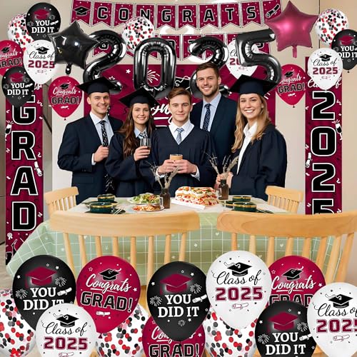 Image of Graduation Decorations Class of 2025,Red Themed Graduation Decorations Party Set Includes Backdrop Banner, Hanging Swirl,Door Banner,2025 Foil Balloons, Latex Balloons for Senior School Celebrations
