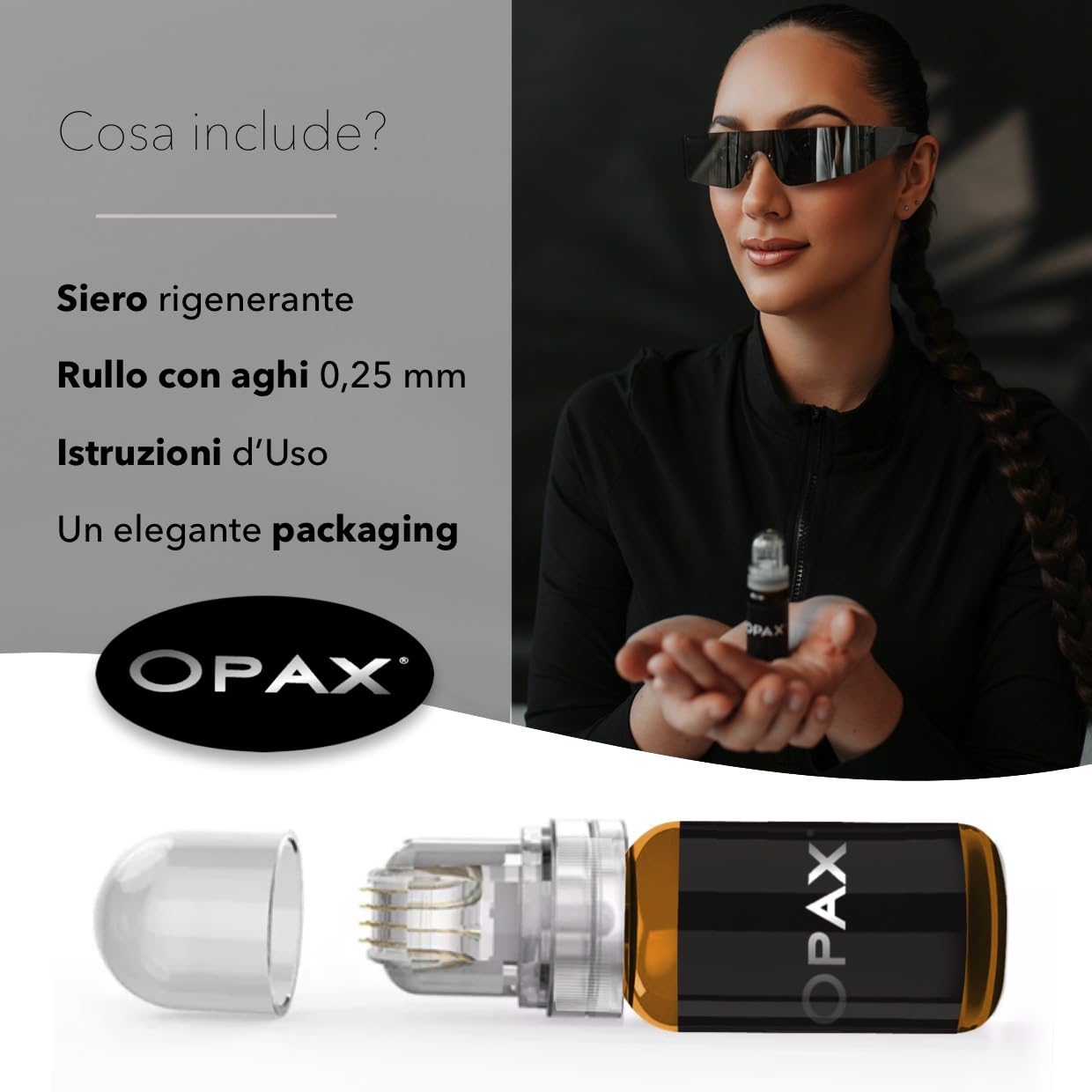 Opax Dermaroller 0.25 mm Per Microneedling Viso, SkinCare Effetto Lifting - Siero 10ml Con Acido Ialuronico Viso, Coenzima Q10, Collagene E Acido Ialuronico, Elastina - Made In Italy