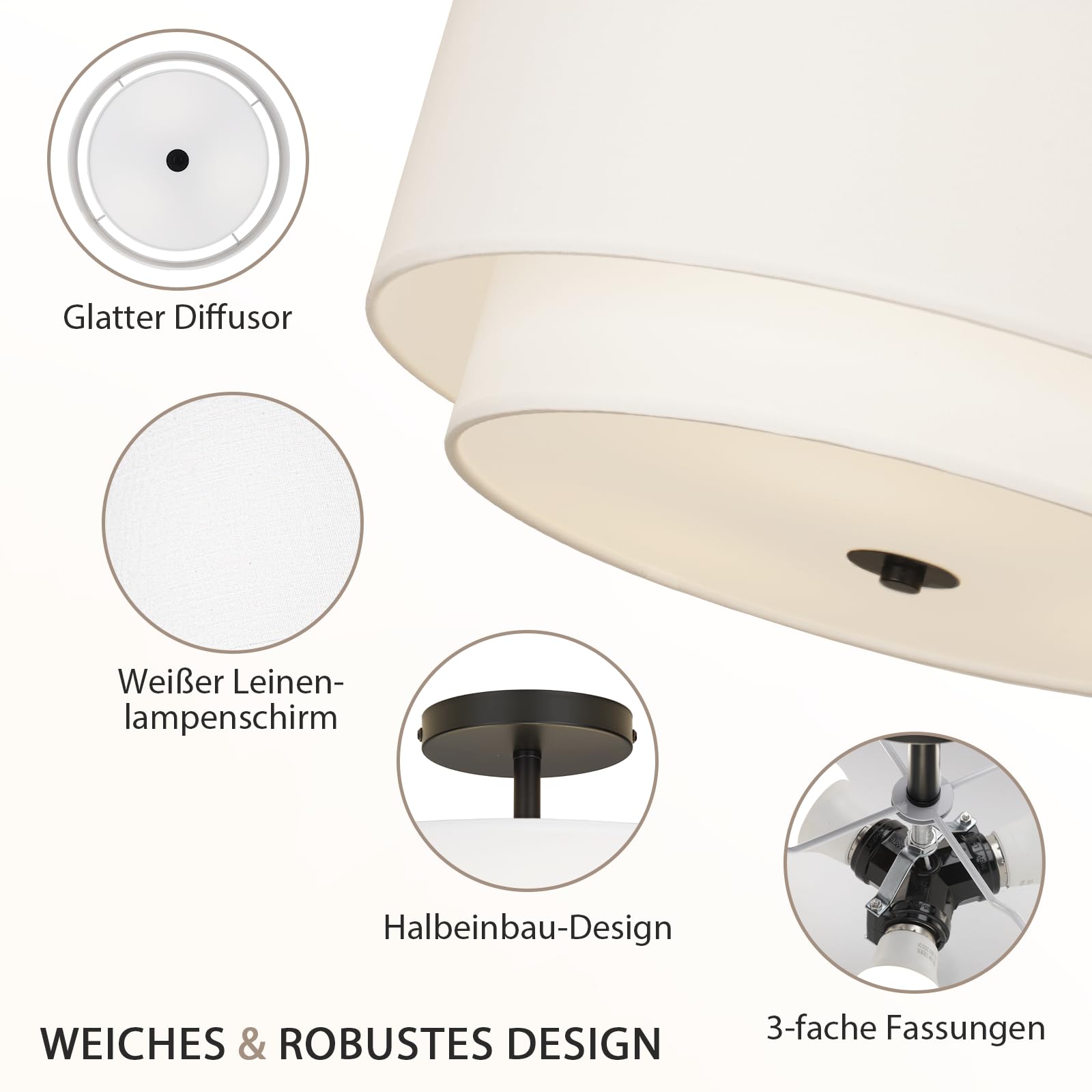 CALOKES Deckenlampe Stoff Weiß Rund Ø40 cm – Dimmbar E27 Deckenleuchte Lampe für Wohnzimmer Schlafzimmer Kinderzimmer Flur Küche – Weiches Licht für moderne Lampen an der Decke