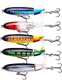 Topwater Fishing Lures With Storage Box, Whopper Popper for Bass, Catfish, Pike, Perch - Floating Pencil Bait With Rotating Tail for Freshwater or Saltwater B-5PCS