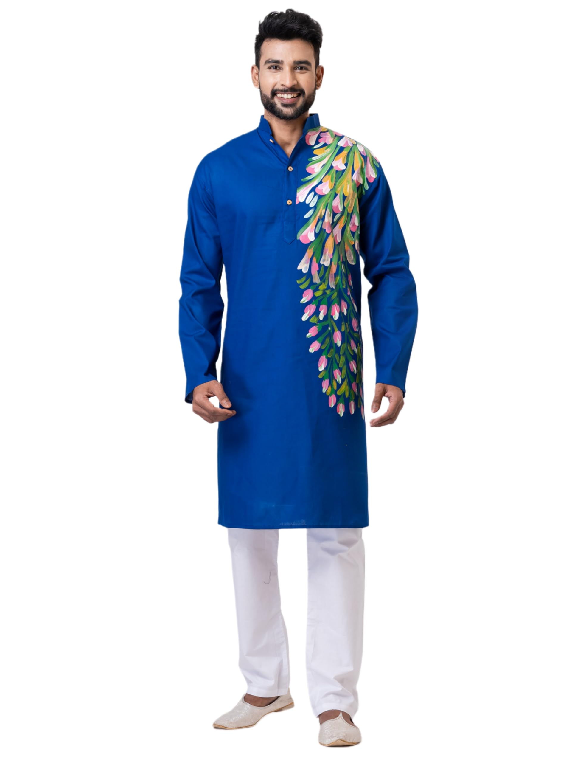 Santiniketan Kanthastitch Handcrafted Men's Pure Cotton Kurta | Elegant Blue Peacock Pattern | Comfortable-picture-27
