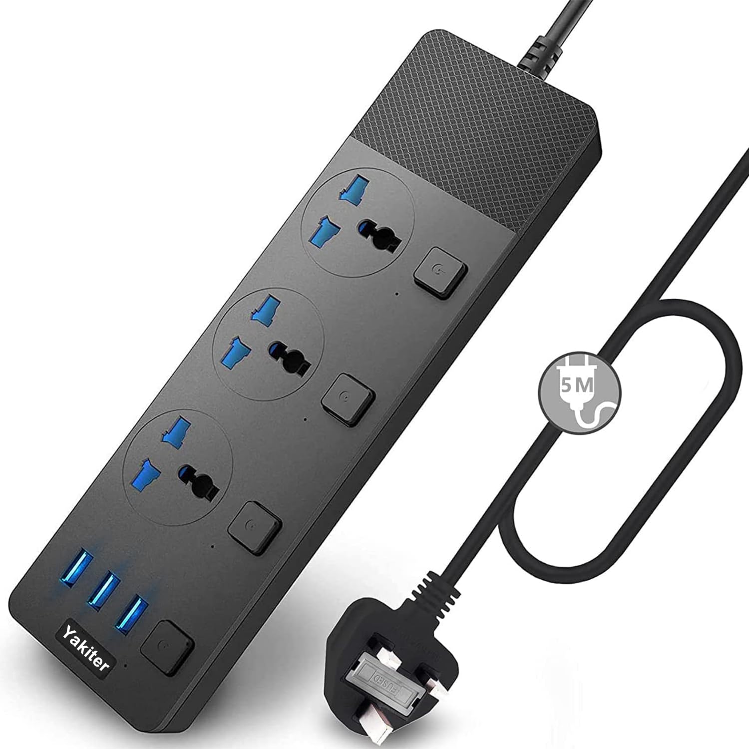 Yakiter Extension Lead with 3 USB Slots | 5 Meter Cable Cord Power Strip, 3 Way Universal Socket | Smart Charging Station Hub, Individually Switched, Surge Protected, and Wall Mount UK Plug (Black)