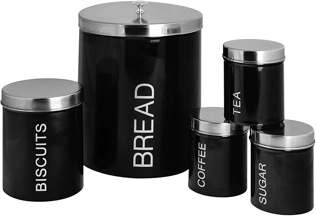 Harbour Housewares 5 Piece Contemporary Kitchen Storage Canister Set - Steel Tea Coffee Sugar Caddy with Rubber Seal - Black