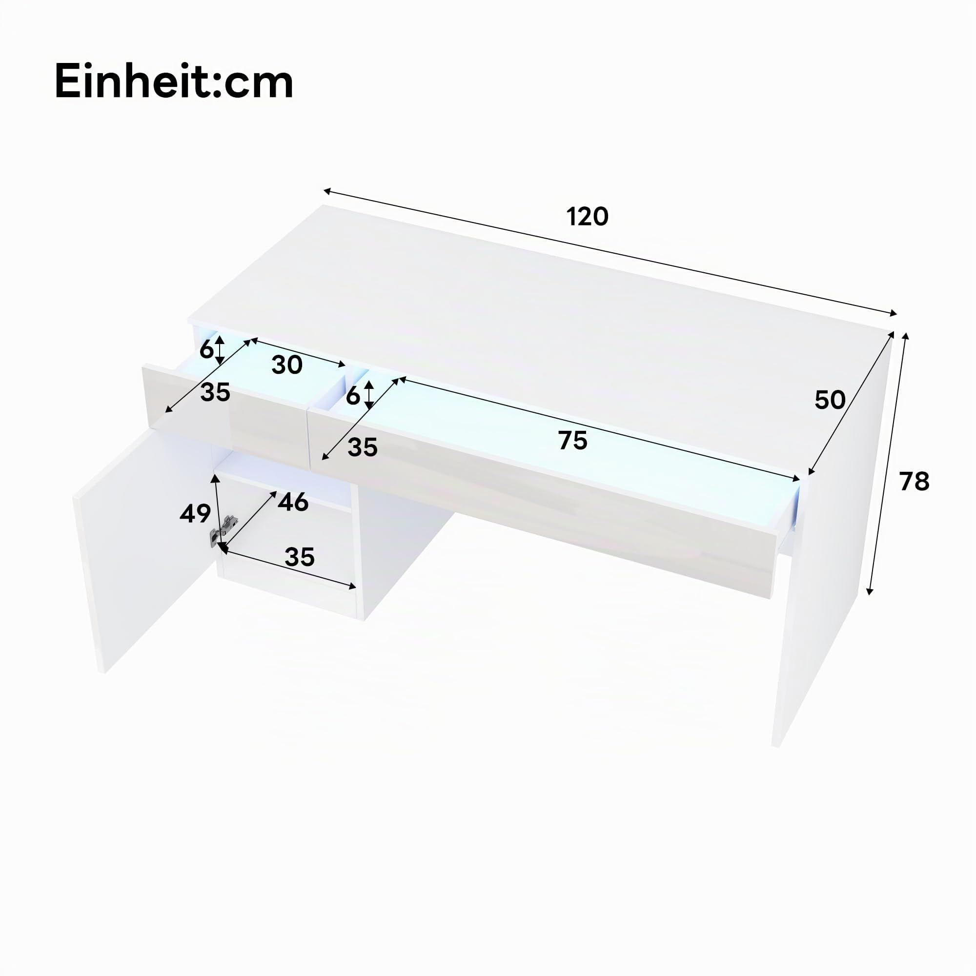 BTM Hochglanz Schreibtisch Weiß mit Schubladen & LED-Beleuchtung, Computertisch und Schminktisch ohne Spiegel 120 x 50cm