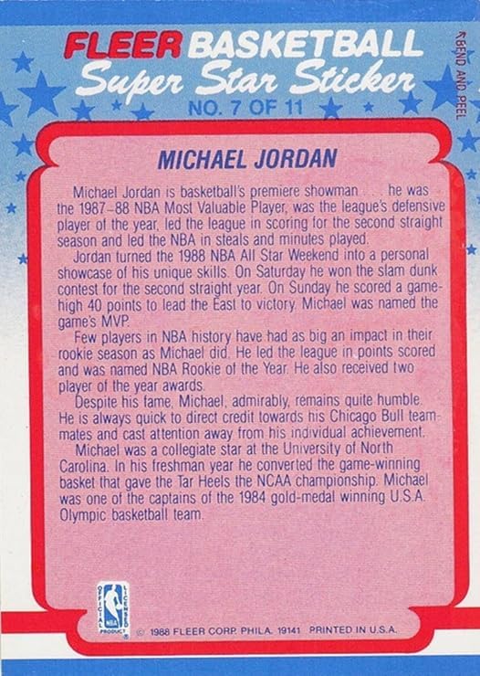 Michael Jordan 1988-89 Fleer Basketball Super Star Sticker Card 7