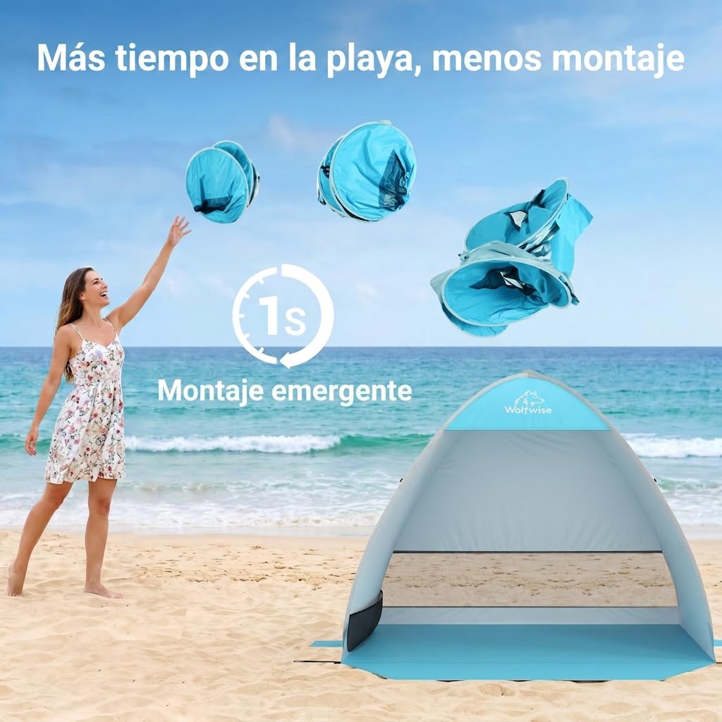 Wolfwise Carpa de Playa desplegable para 2-3 Personas, Refugio de Playa con protección UV 50+, Montaje en Segundos, Repelente al Agua y ventilada, 150 x 120 x 110 cm (59 x 47 x 43 in), Azul