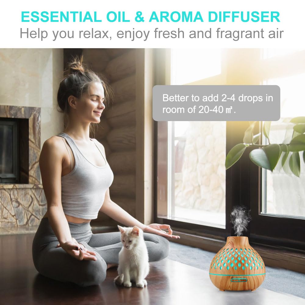 Aroma Diffuser 400ML, Ultraschall Aromatherapie Diffusor, Luftbefeuchter mit Fernbedienung, Automatische Abschaltung bei Wasserlosem Zustand mit 7 Arten LED Lichtfarben für Zuhause Büro Yoga