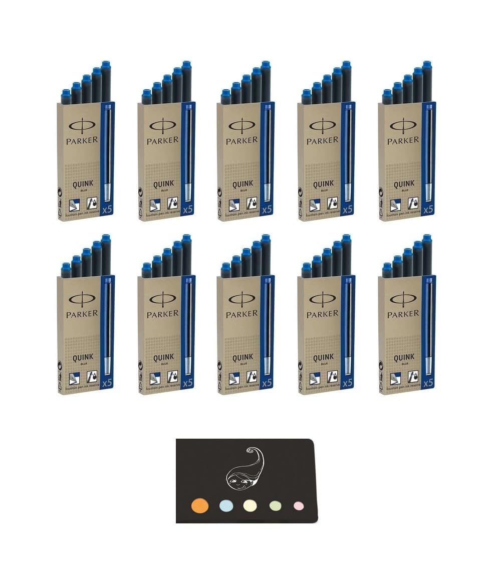 Lot de 50 Cartouches d'Encre Longues Parker Quink Bleues + 1 Index Adhesif Blumie