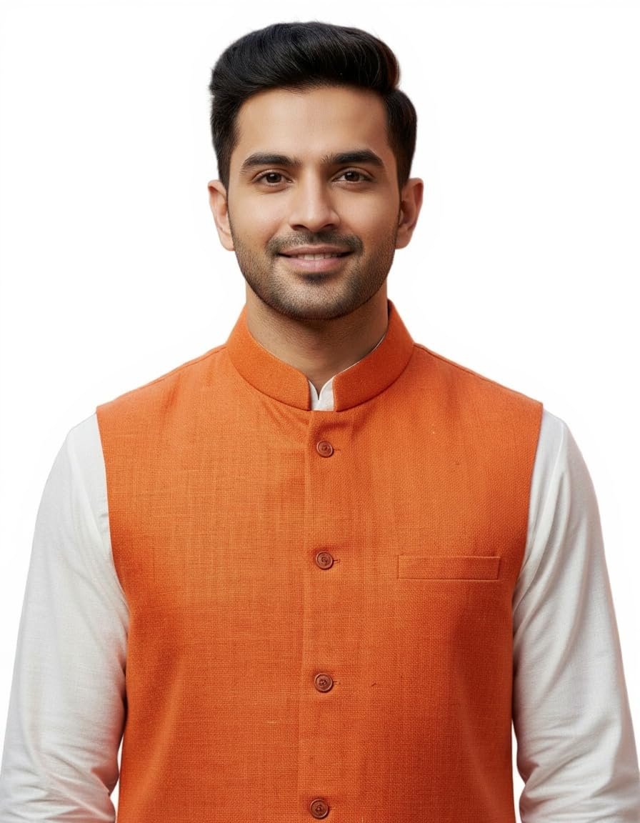 Men's Matka Silk Waistcoat, Orange, Nehru Collar, Ethnics-picture-10