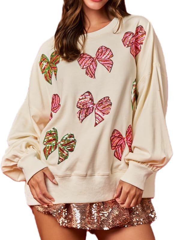 Women Christmas Sequin Oversized Sweatshirt Cute Funny Bow Graphic Pullover Long Sleeve Crewneck Xmas Shirt Top