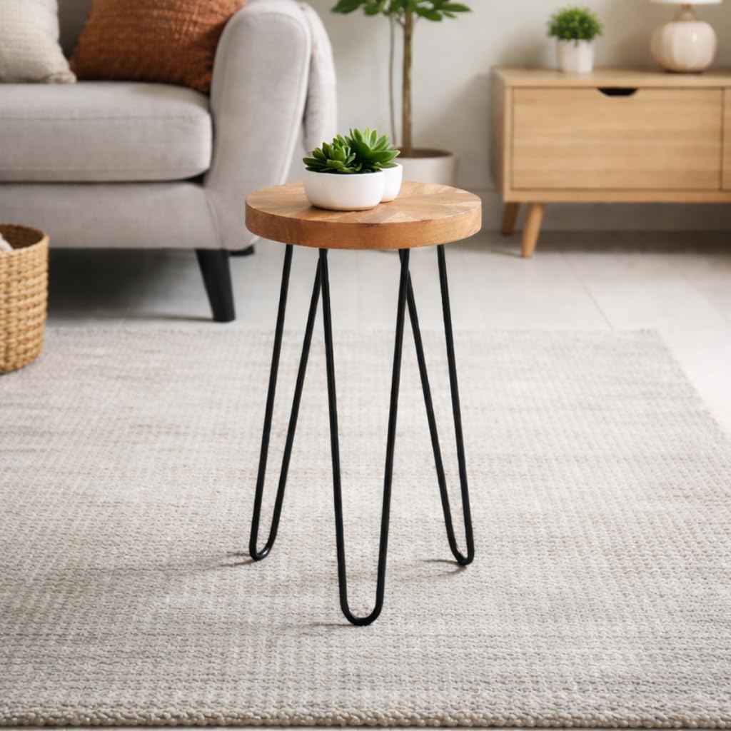 Dylex Industrial Round Side Table Wood Coffee Table with Black Metal Frame, Natural Wood Finish - Perfect for Living Room, Bedroom