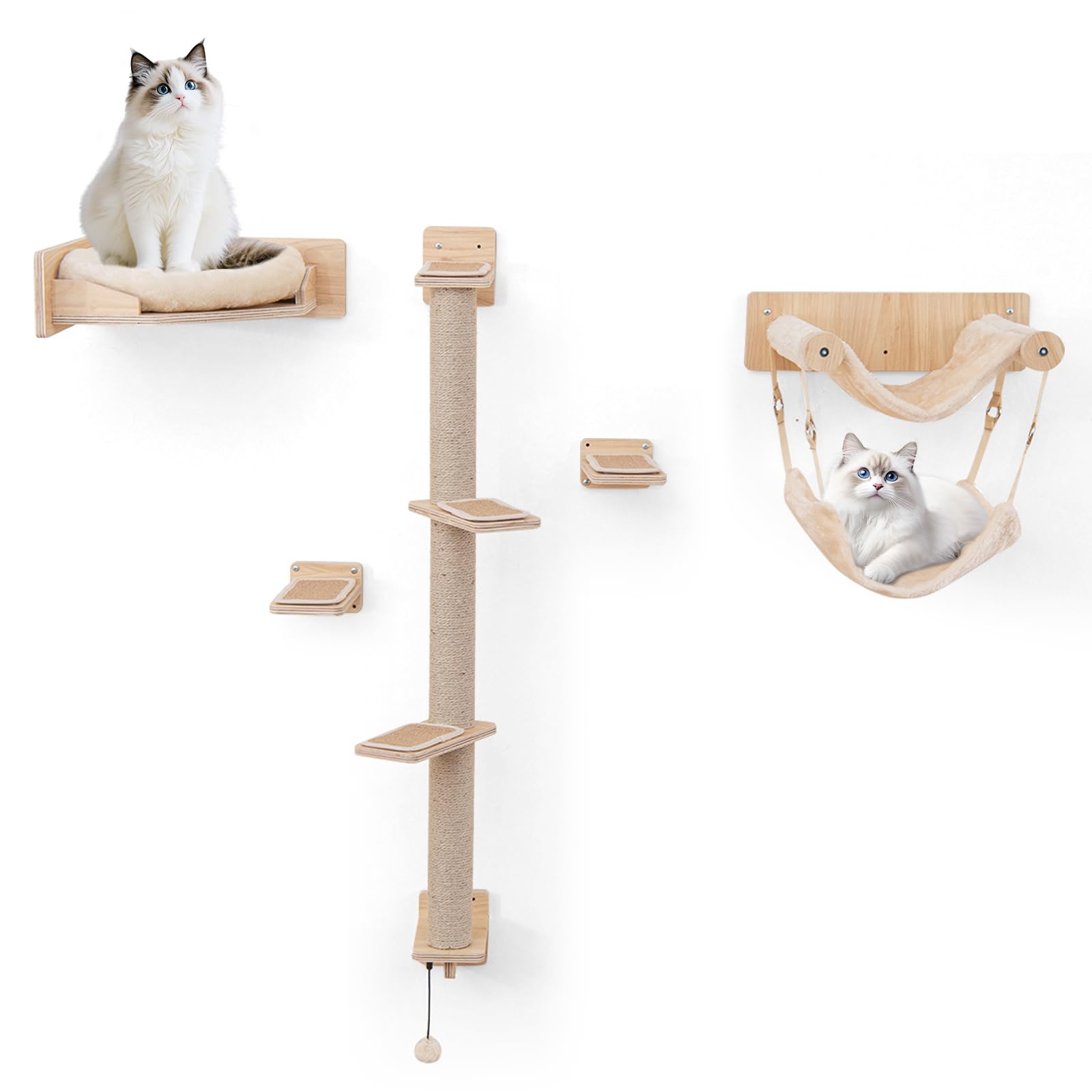 COSTWAY Wall Mounted Cat Tree, 5PCS Cat Wall Shelves with 2 Hammocks, Bed, Steps, Jute Scratching Posts & Plush Cushions, Wooden Kitten Climbing Shelf Activity Furniture Set