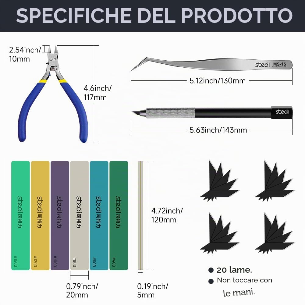 Kit di attrezzi per modellisti principianti Stedi, 14 pezzi: set di attrezzi base professionali per modellisti, attrezzi per hobby e modellismo per Gundam, modellini militari e parti in resina 3D
