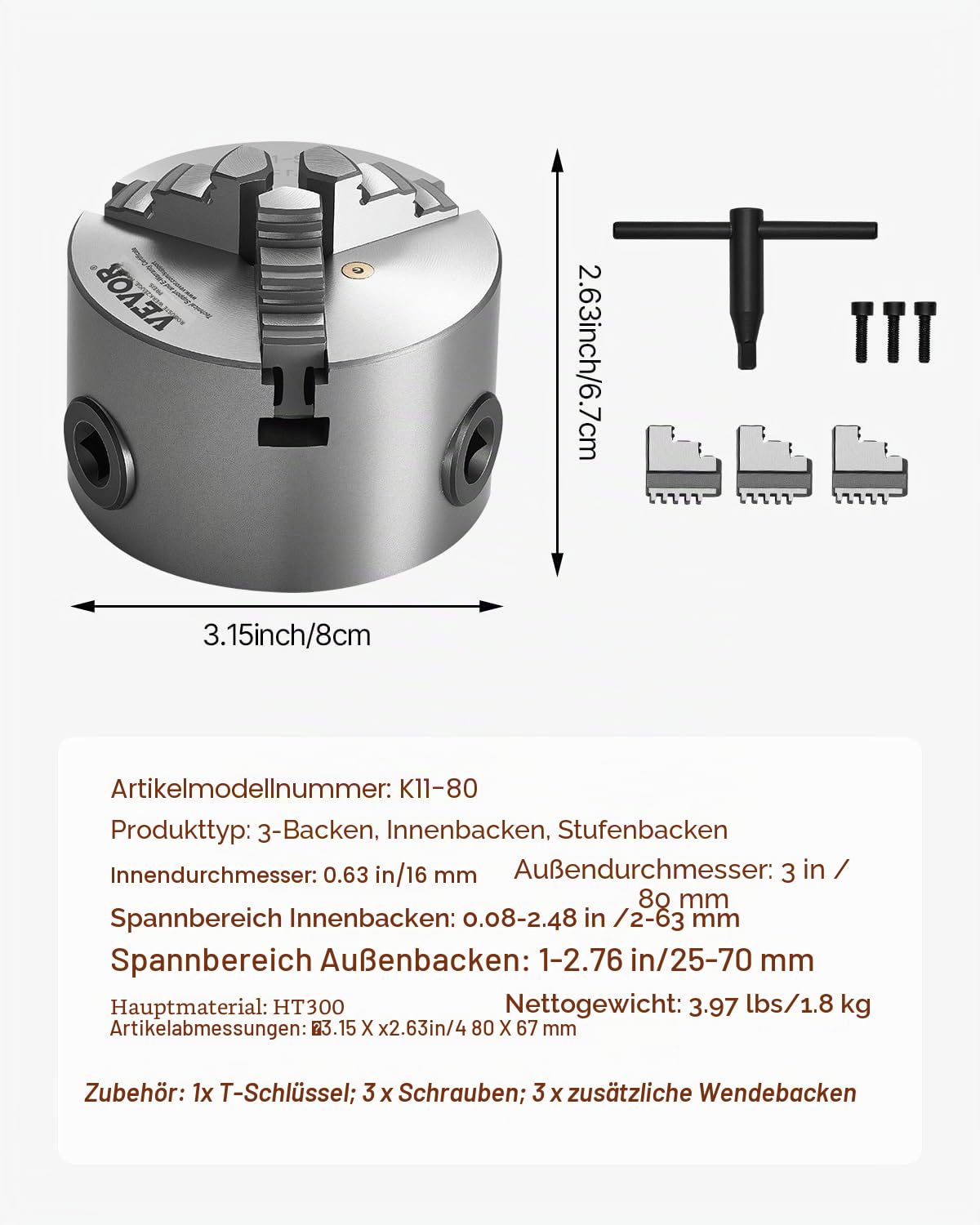 VEVOR 3-Backen-Drehfutter, 80 mm, selbstzentrierendes Spannfutter, 2-63 mm Spannbereich mit T-Schlüssel-Befestigungsschrauben, umkehrbare Backen, HT300-Material, für Holz-Metall-Drehmaschine
