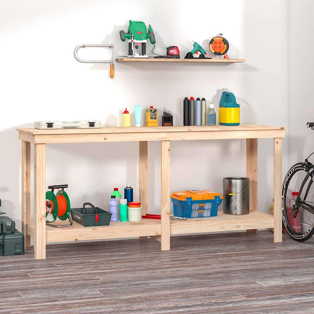 Banco da lavoro in legno di pino, 180 x 50 x 80 cm, tavolo da lavoro per garage e officina, con ripiani