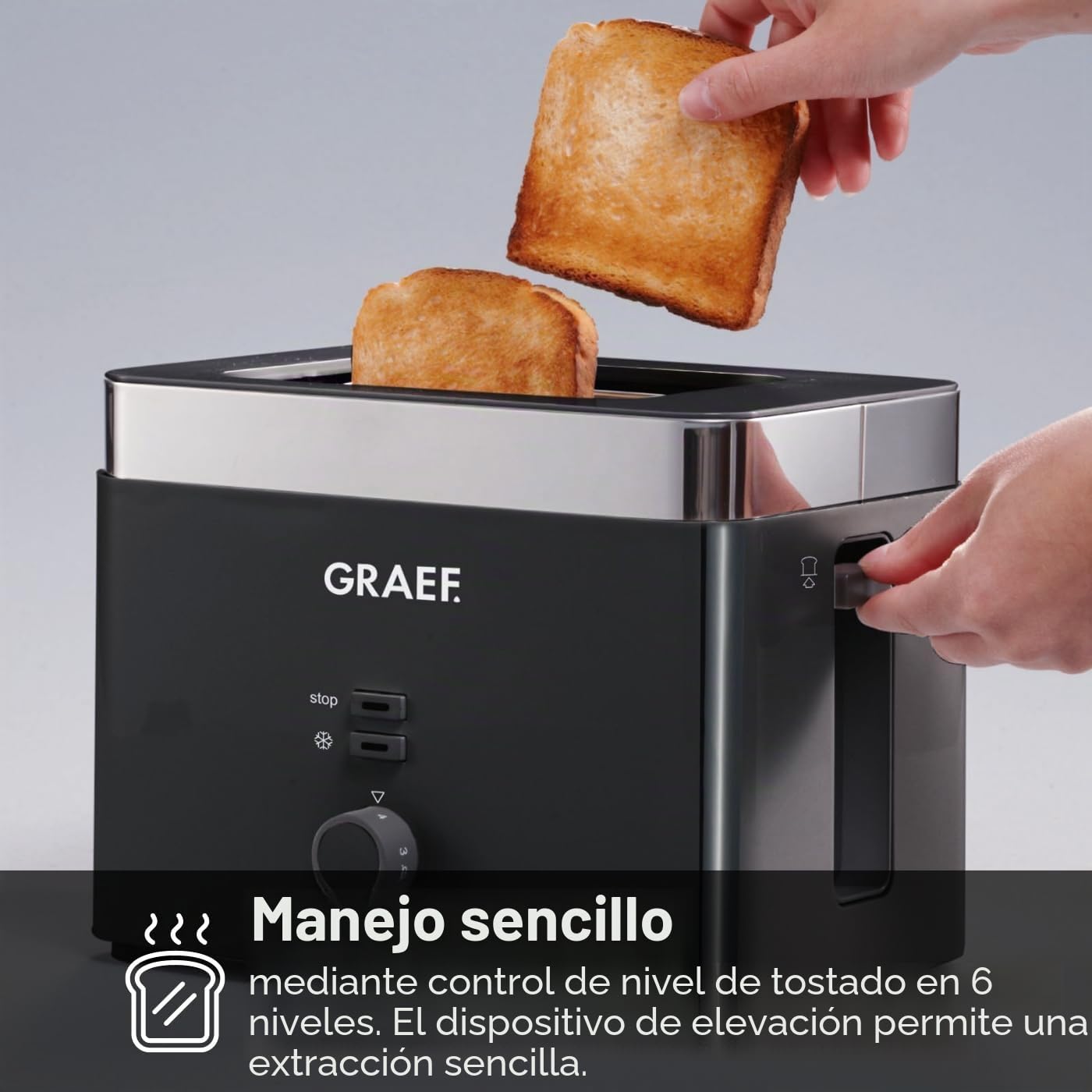 GRAEF Tostadora TO62 Negra Tostadora de 2 rebanadas con accesorio para panecillos, desconexión de seguridad, centrado de rebanadas de pan y bandeja recogemigas