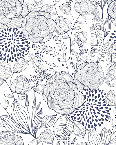 Wudnaye Blue and White Wallpaper Peel and Stick Navy Floral Wallpaper 16.9