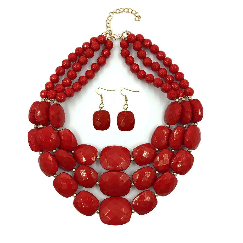 MEQNOIG 3 Layered Beaded Statement Necklaces for Women Handmade Acrylic Red Bead Necklace Boho Chunky Necklace Costume Jewelry