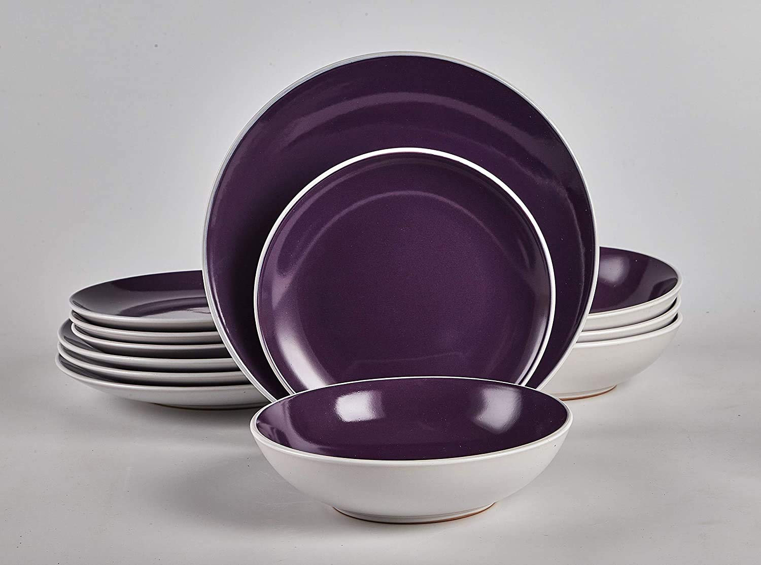 HomeVss, Stoneware Coupe Shape 12pc Dinnerware Set, Outside White + Inside Purple