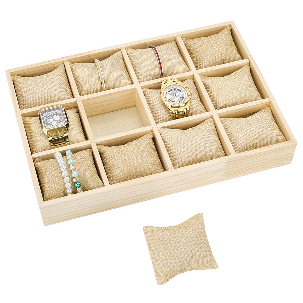 PH PandaHall 12 Emplacements Plateau de Rangement pour Montres en Bois avec Coussins en Lin Amovibles Plateau de Rangement de Bracelets pour Vitrine D'Affichage de Montres à Tiroir