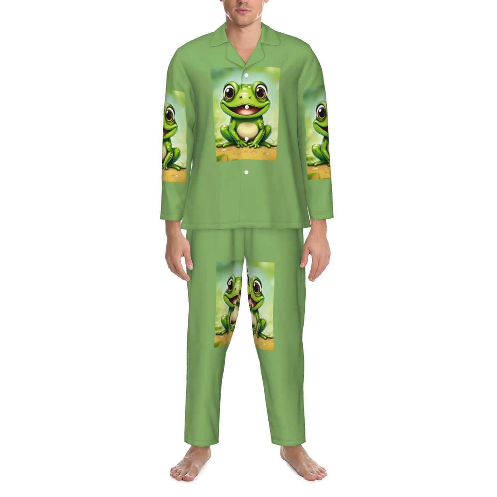 Herren-Pyjama-Set mit grünem Froschdruck, langärmelig, zweiteilig, Hauskleidung, bequeme Nachtwäsche