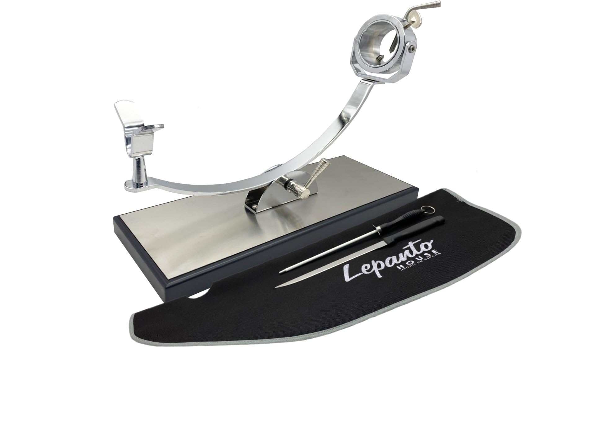 FERRETERIA LEPANTO Porta Prosciutto Professionale Girevole e Basculante, Supporto Porta Prosciutto con Base in DM e Lamiera di Acciaio Inox Modello Serrano (Set Nero)
