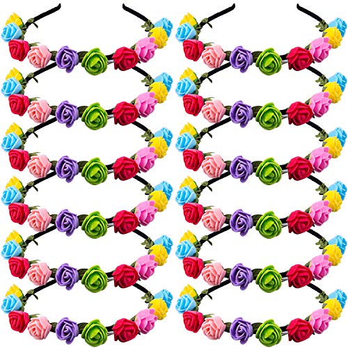 SIQUK 12 Pcs Rainbow Headbands Hair Wreath Headband with Flowers Colorful Rose Headbands Festival Wedding Party Favors for Women Girls