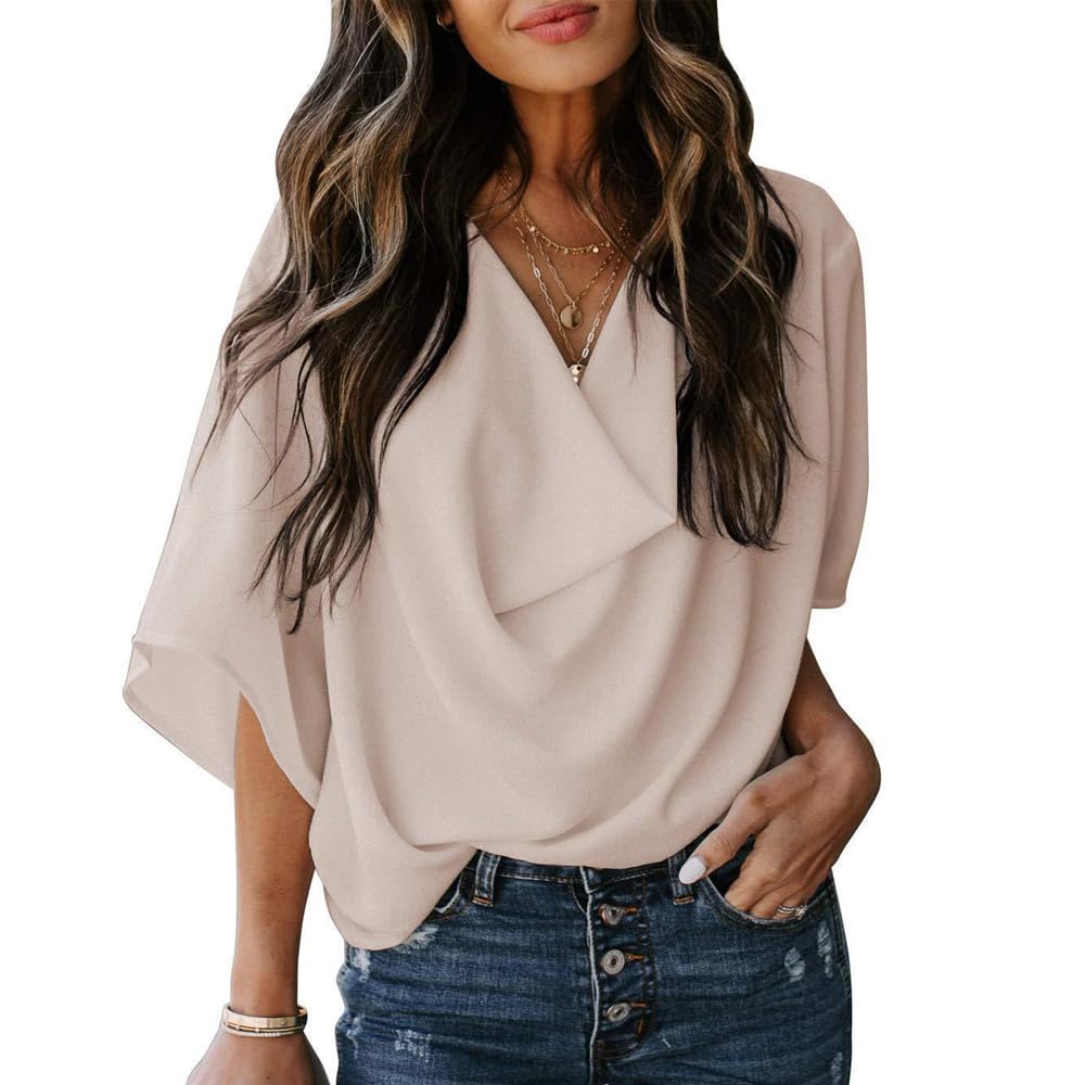 KBRPEY Camisetas Manga Corta Mujer Ocio Blusas Mujer Verano de Gasa Camisetas Mujer Elegantes Blusa Color Sólido V Neck Top Encantador Camisa de Mangas Acampanadas