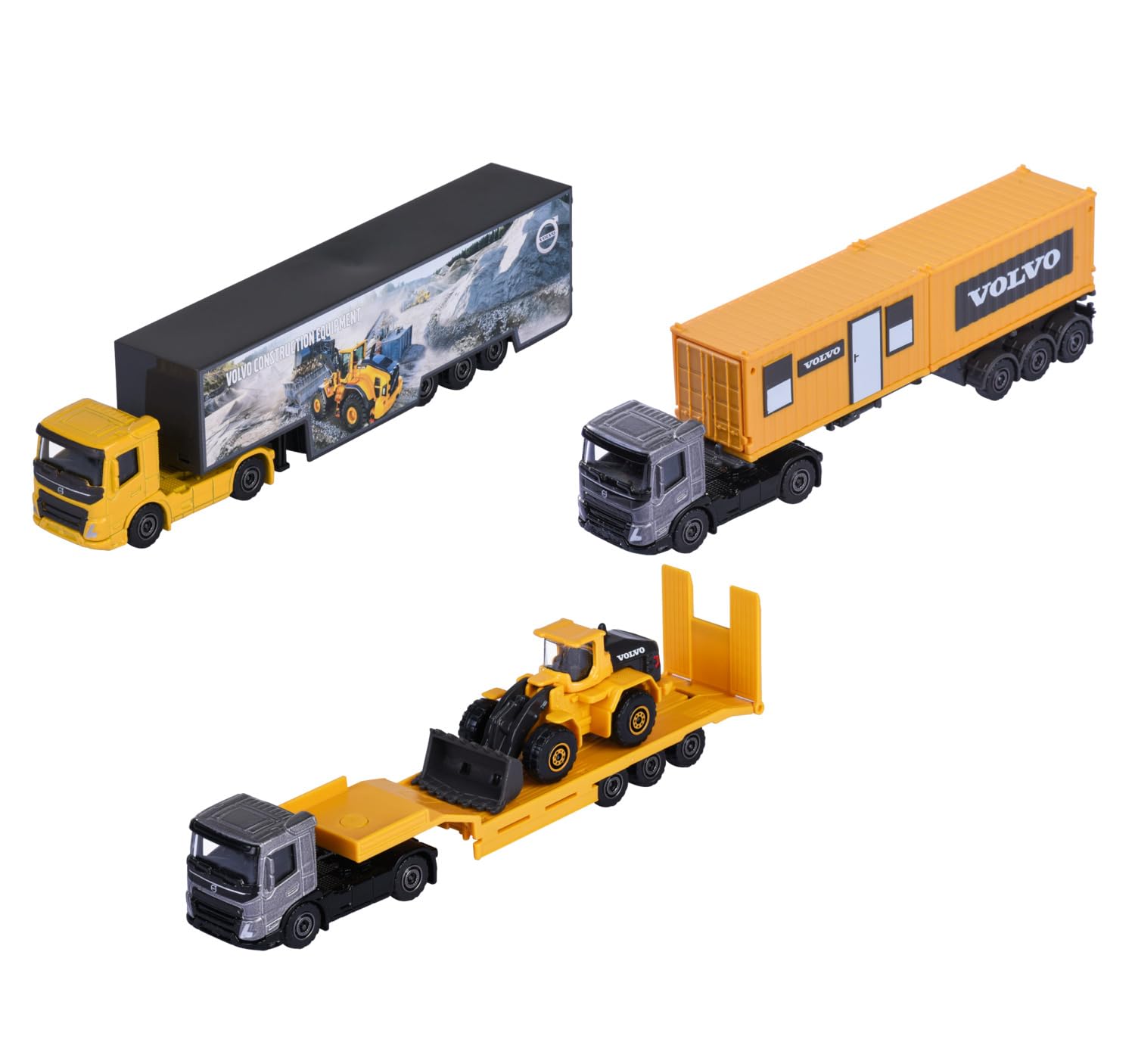Majorette Car Volvo Construction Transporter (1 Construction Site Truck) - FMX Metal Truck with Freewheel and Moving Parts, Random Selection of 3 Toy Cars for Children from 3 Years, 19 cm