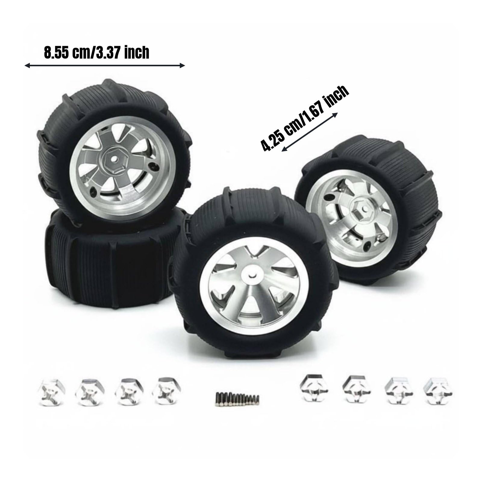Colcolo Miniature Vehicle Wheels Ruote Rc Cerchio Pneumatici Kit in Lega di Alluminio 6061 Aderenza su Sabbia E Spiaggia con Adattatori 12mm Adatte per Auto, Argento