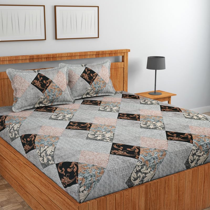 Image of NEW LEAF Cotton Fitted King Size Bedsheets with 2 Pillow Covers | Elastic Fitted | Wrinklefree | Ultrasoft |Winter Bedsheet 220 tc tc Floral | 710x72+10 Inches, Black Grey
