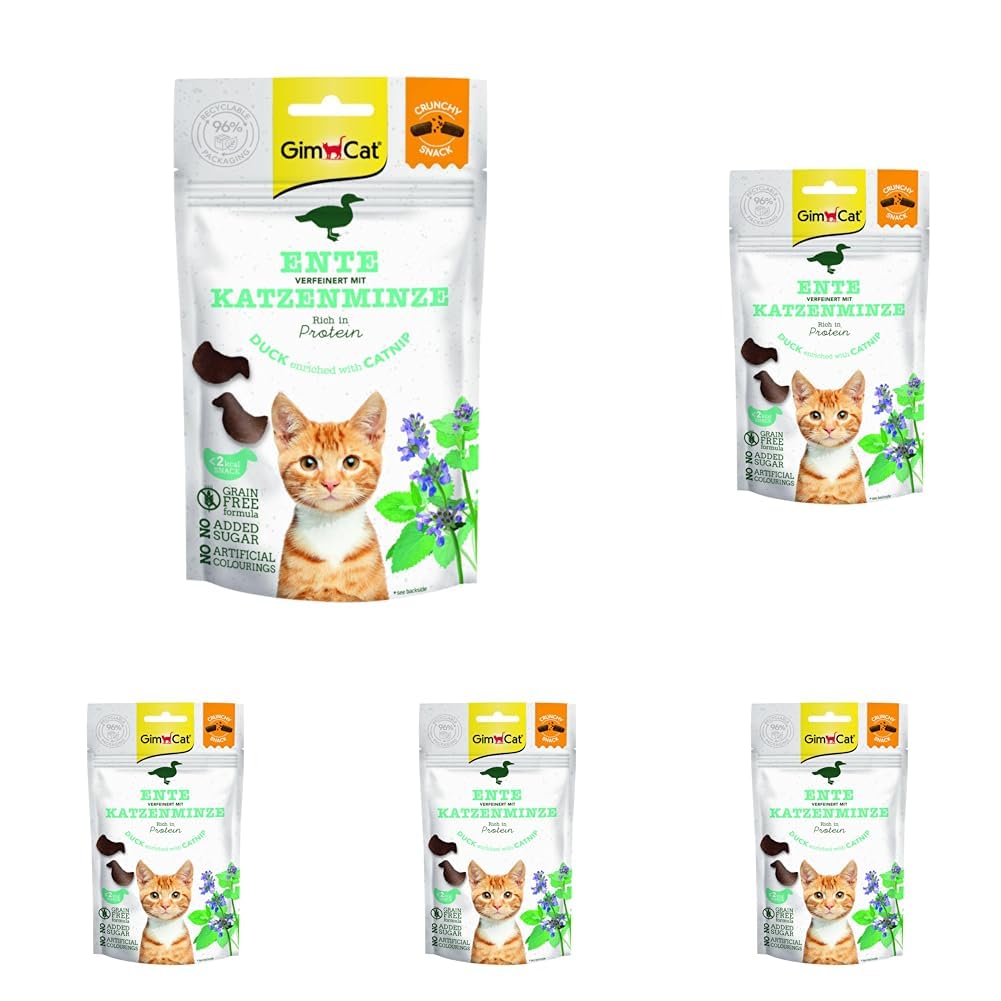 GimCat Crunchy Snacks Ente mit Katzenminze - Knuspriges und proteinreiches Katzenleckerli - 1 Beutel (1 x 50 g) (Packung mit 5)