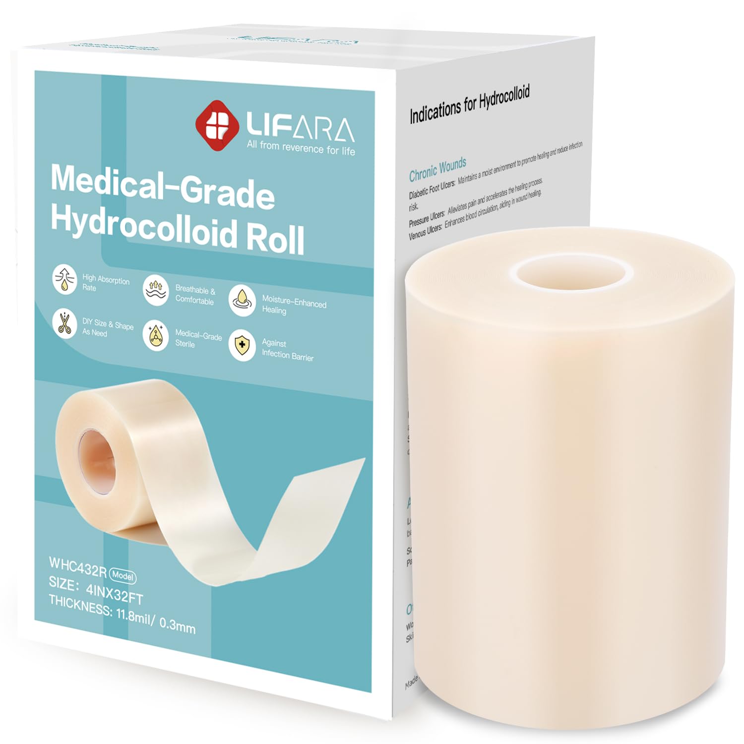 LIFARA Hydrocolloid Roll for Wound Care - Cut-to-Size, Extra Large Hydrocolloid Patch Bandages with Self-Adhesive, Waterproof, First Aid Kit Essential (4in*32ft, 11.8mils/ 0.3mm Thickness)